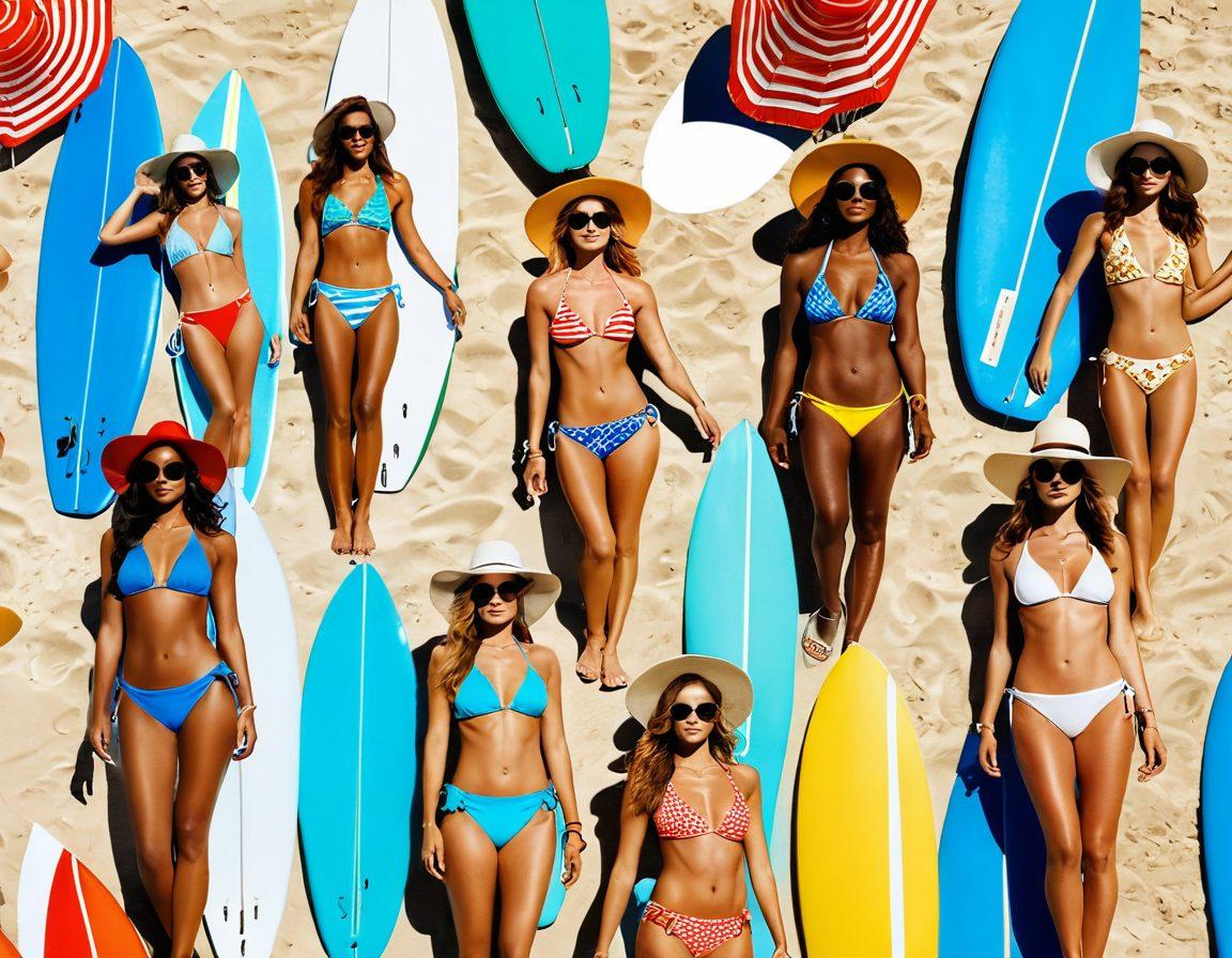 A vibrant beach scene showcasing diverse models in various stylish bikinis, of different colors and patterns, lounging under a clear blue sky. Incorporate trendy accessories like wide-brimmed hats and oversized sunglasses, with beach umbrellas and a surfboard in the background. The sandy beach should shimmer under the sun, evoking a lively summer vibe. super-realistic. bright colors. sunny atmosphere.