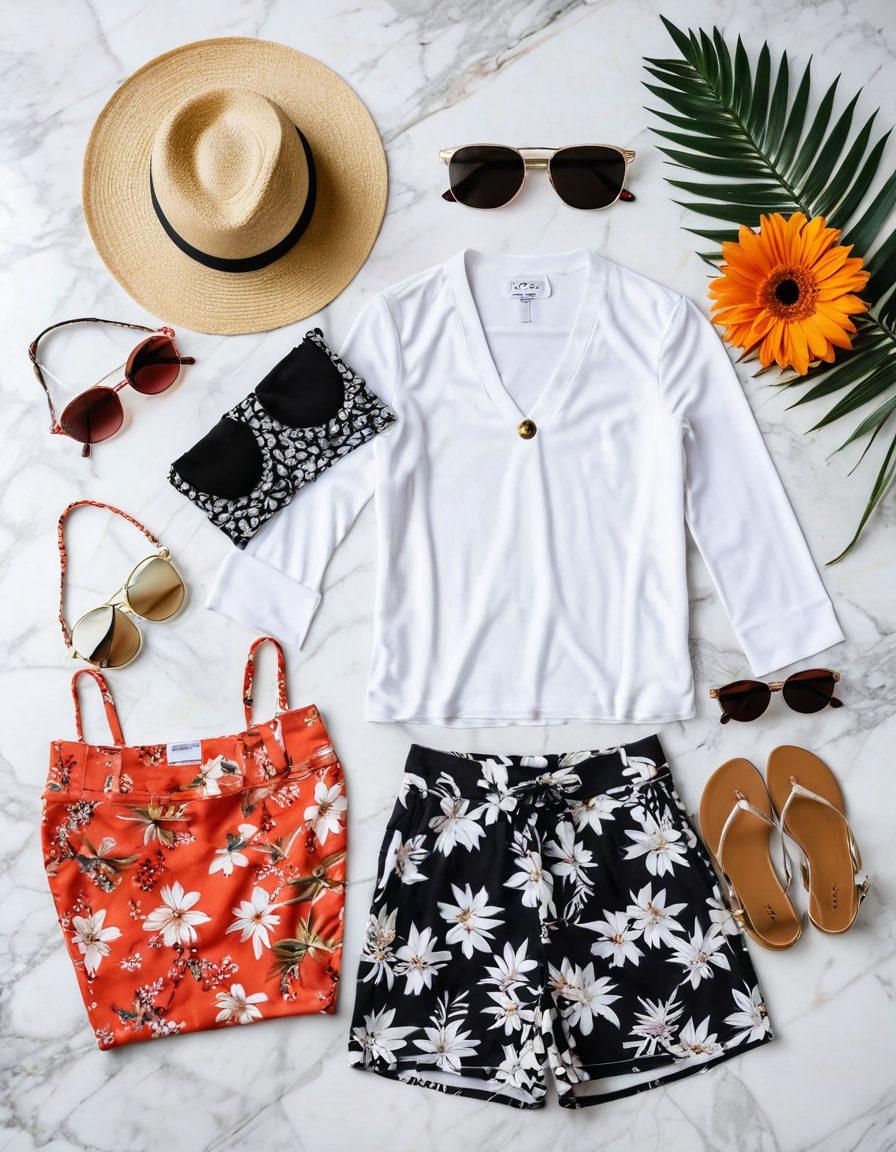 A stylish flat lay of various two-piece outfits on a chic marble surface, showcasing a bright floral set, a classic black and white combination, and a vibrant beach outfit. Surround the outfits with fashionable accessories like sunglasses, hats, and jewelry, accentuated with soft lighting for a luxurious feel. Include subtle hints of seasonal themes like palm leaves or autumn leaves in the background. super-realistic. vibrant colors. white background.
